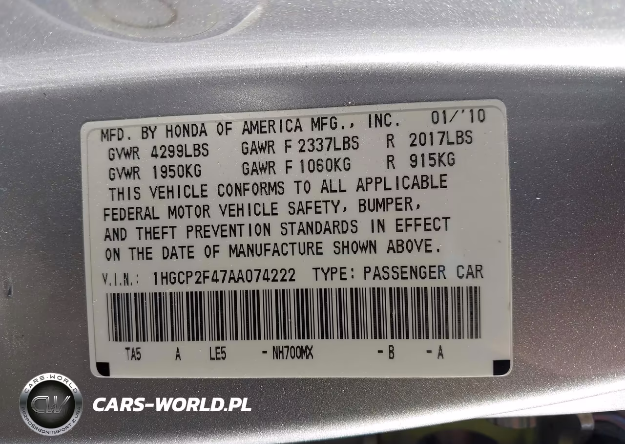 2010 Honda Accord Lxp VIN:1HGCP2F47AA074222 - 9