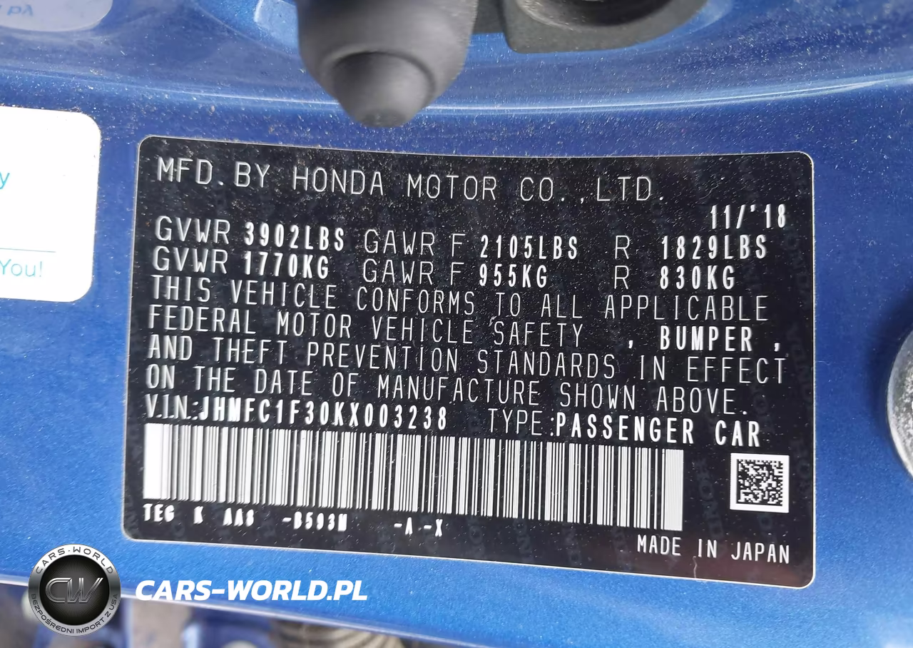 2019 Honda Civic Ex VIN:JHMFC1F30KX003238 - 9
