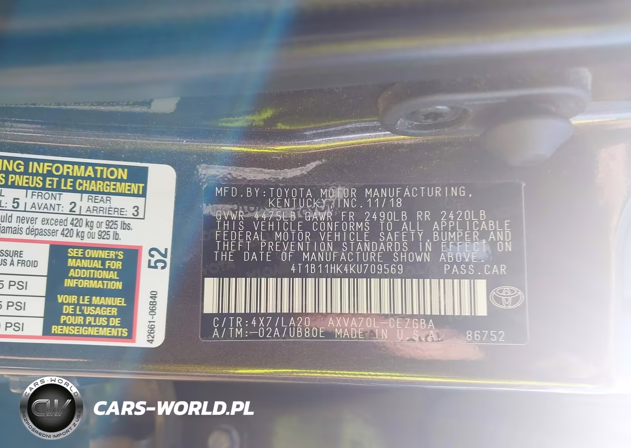 2019 Toyota Camry Xle VIN:4T1B11HK4KU709569 - 9
