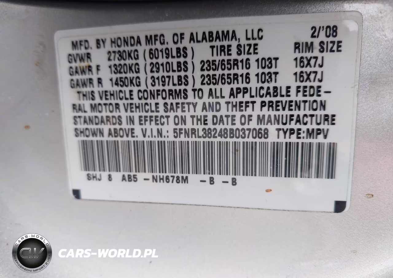 2008 Honda Odyssey Lx VIN:5FNRL38248B037068 - 9