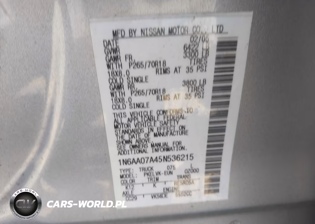 2005 Nissan Titan Le VIN:1N6AA07A45N536215 - 9