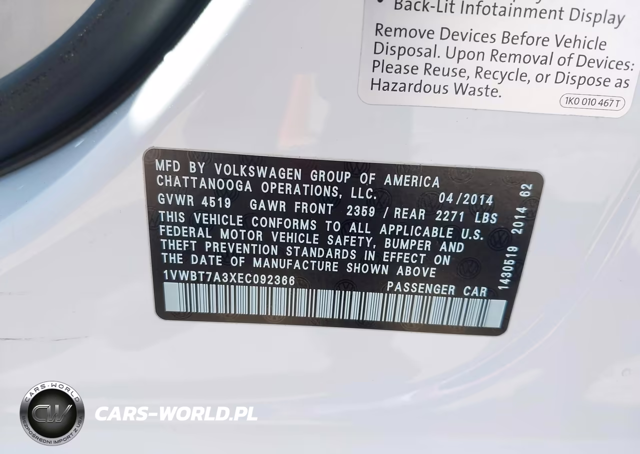 2014 Volkswagen Passat 1.8T Se VIN:1VWBT7A3XEC092366 - 9