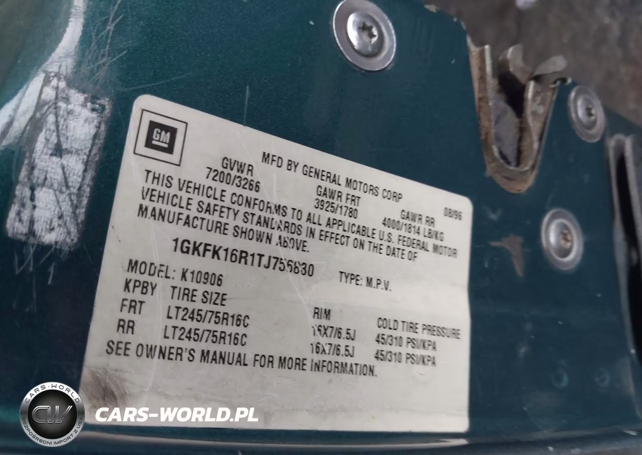 1996 GMC Suburban K1500 VIN:1GKFK16R1TJ756830 - 9