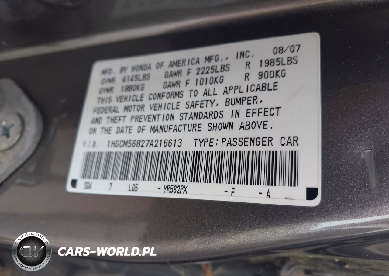 2007 Honda Accord 2.4 Ex VIN:1HGCM56827A216613 - 9