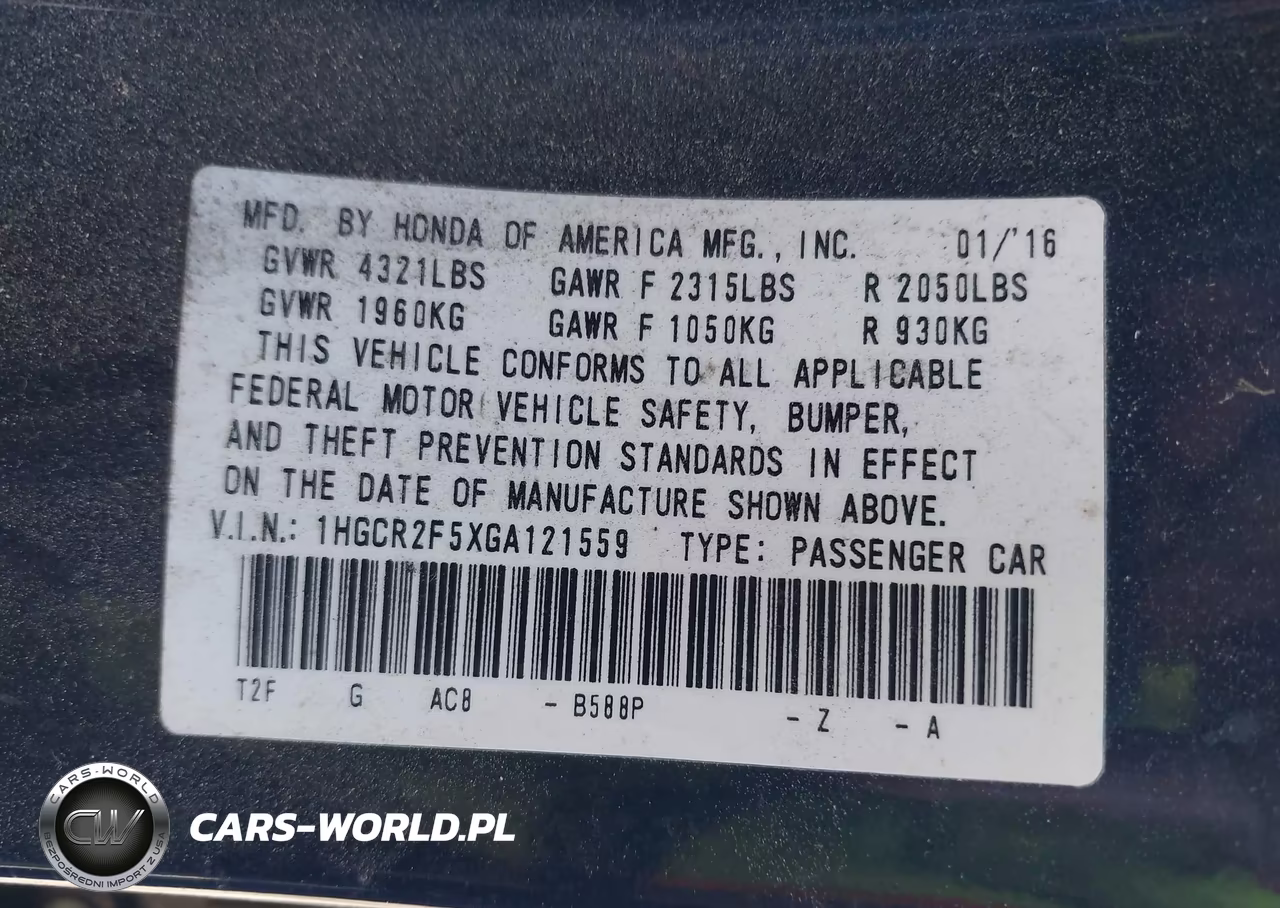 2016 Honda Accord Sport VIN:1HGCR2F5XGA121559 - 9