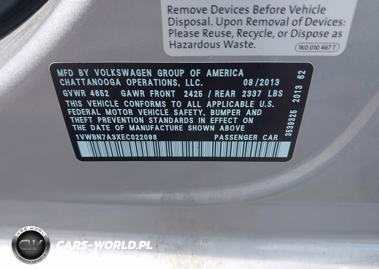VOLKSWAGEN PASSAT VIN:1VWBN7A3XEC022098 - 9