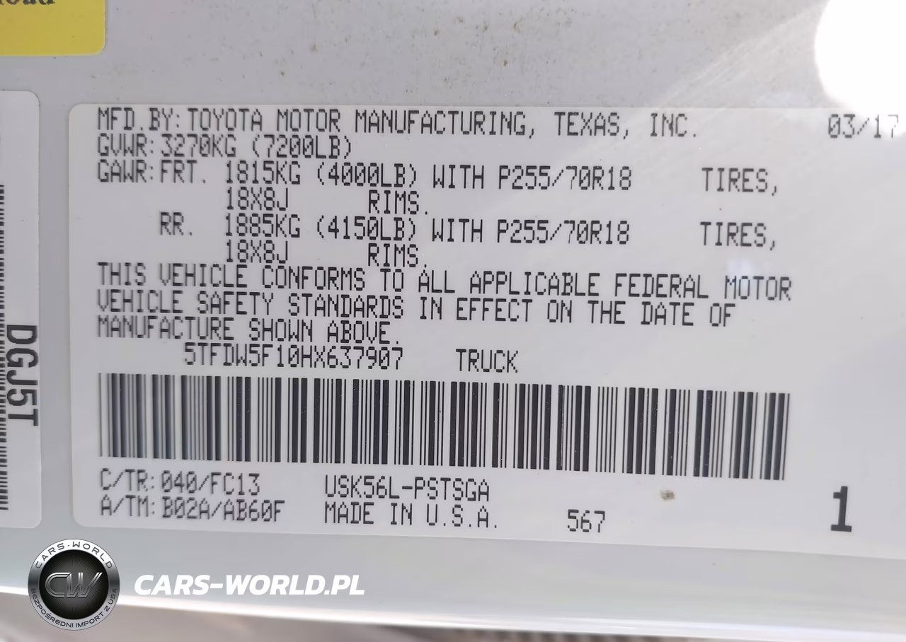 2017 Toyota Tundra Sr5 5.7L V8 VIN:5TFDW5F10HX637907 - 9