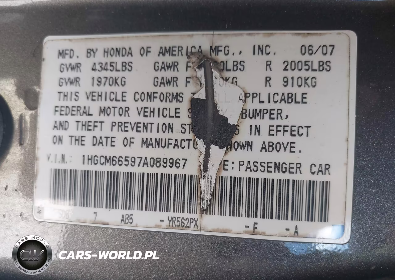 2007 Honda Accord 3.0 Ex VIN:1HGCM66597A089967 - 9