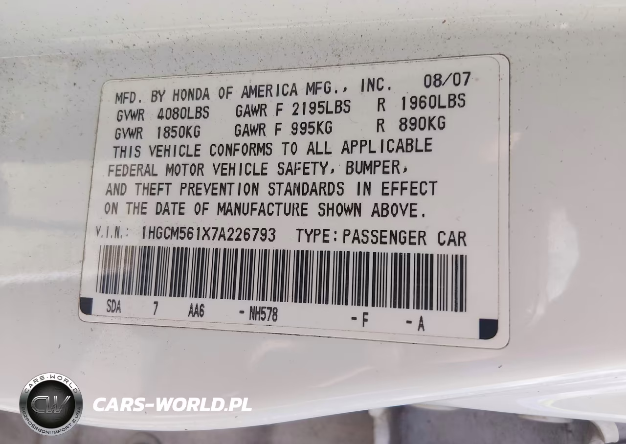 2007 Honda Accord 2.4 Vp VIN:1HGCM561X7A226793 - 9