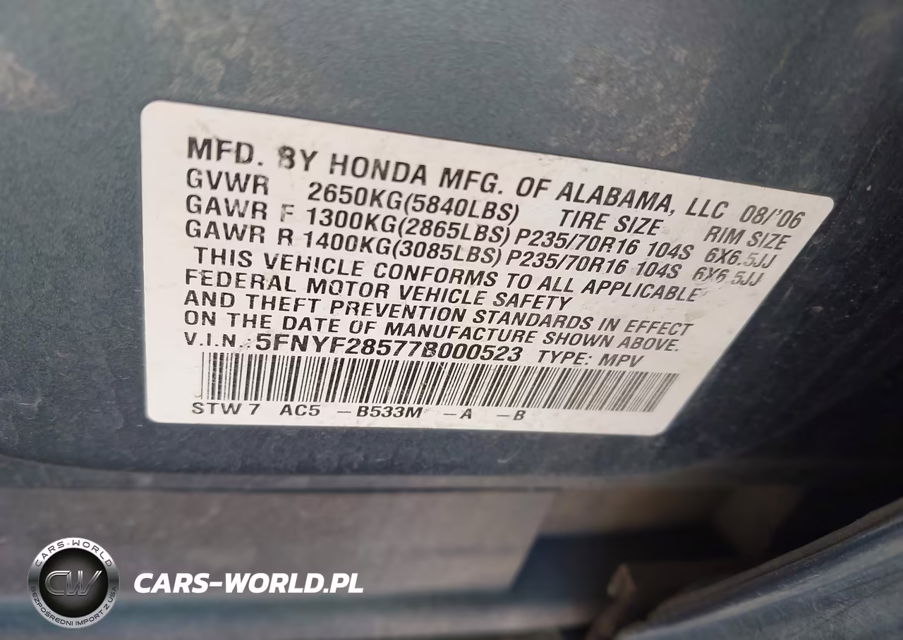 2007 Honda Pilot Ex-L VIN:5FNYF28577B000523 - 9