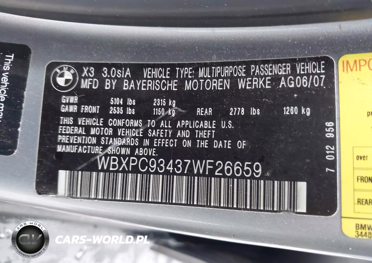 2007 BMW X3 3.0Si VIN:WBXPC93437WF26659 - 9
