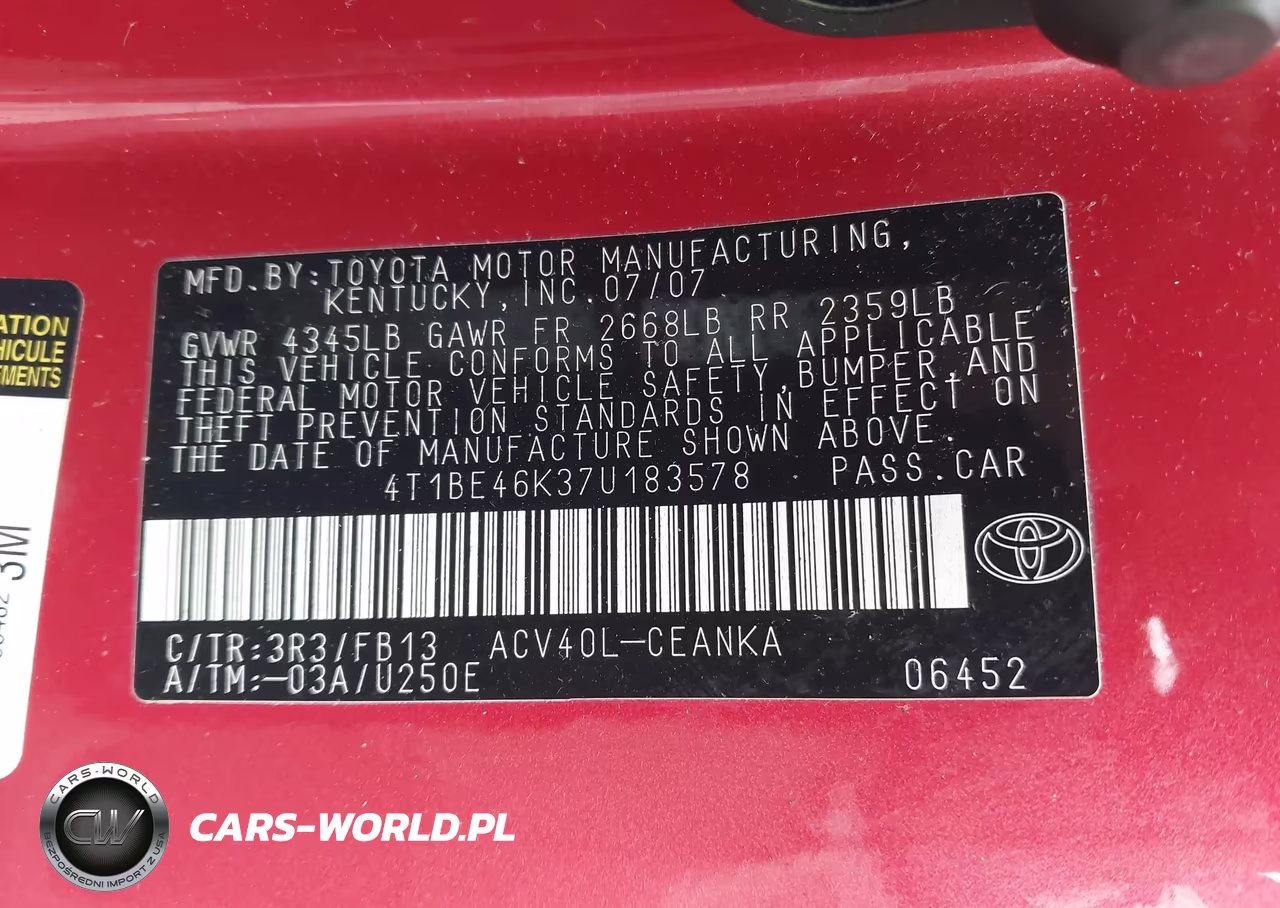2007 Toyota Camry Ce-Le-Xle-Se VIN:4T1BE46K37U183578 - 9