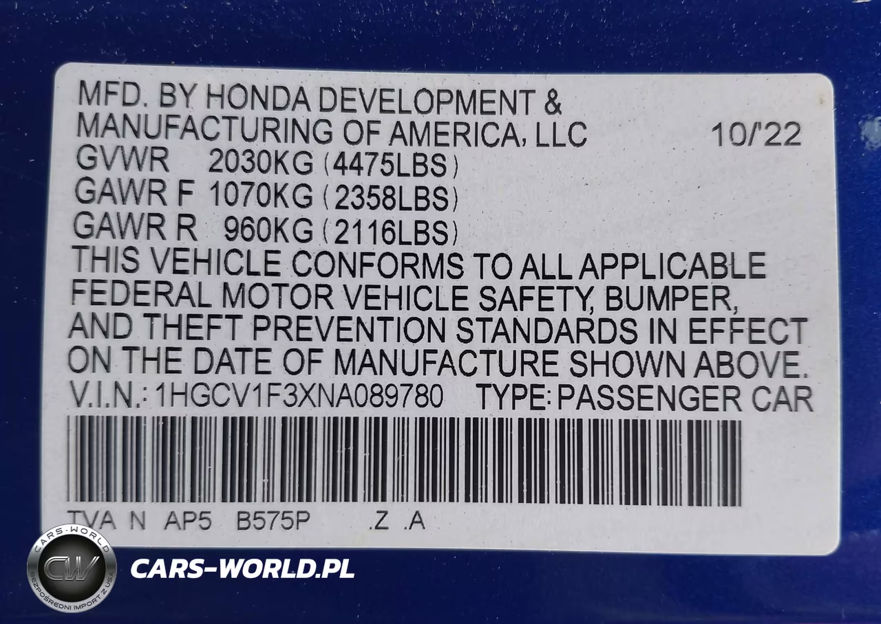 2022 Honda Accord Sport VIN:1HGCV1F3XNA089780 - 9