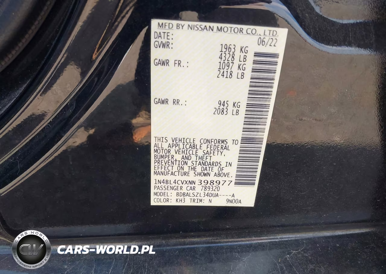 2022 Nissan Altima Sr Fwd VIN:1N4BL4CVXNN398977 - 9