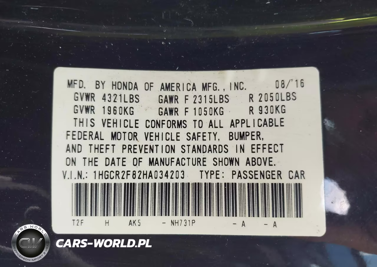 2017 Honda Accord Ex-L VIN:1HGCR2F82HA034203 - 9