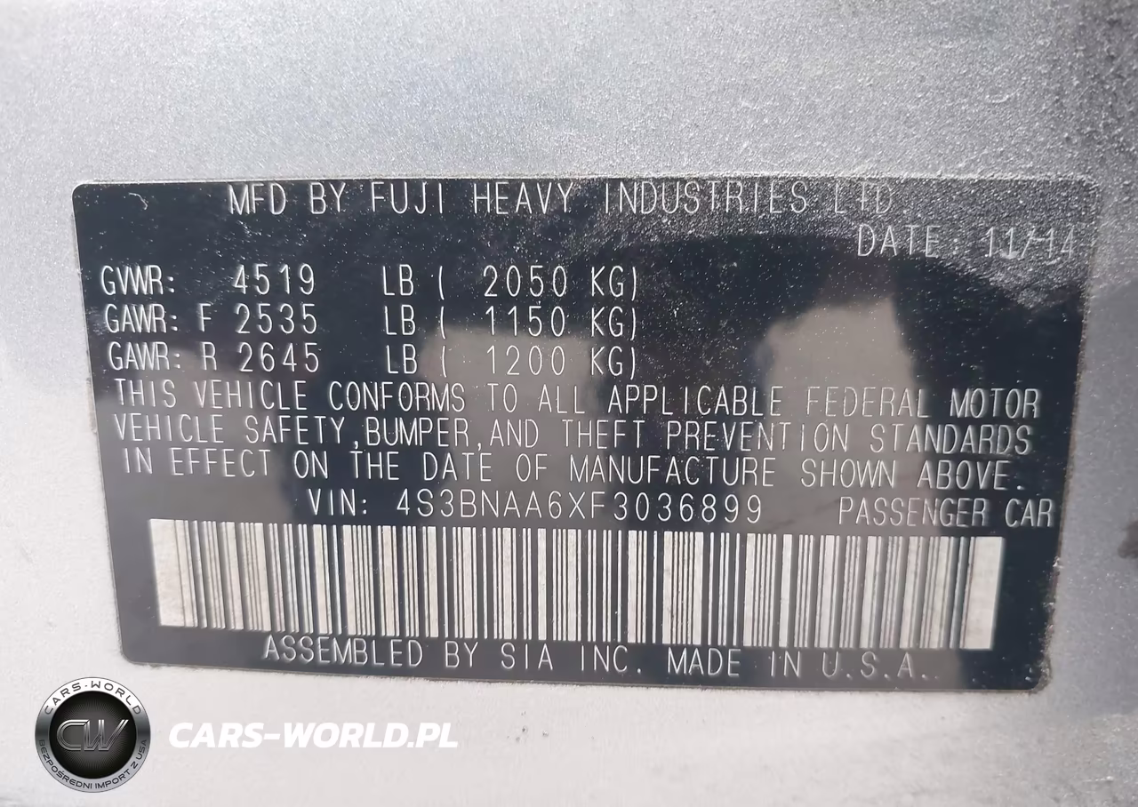 2015 Subaru Legacy 2.5I VIN:4S3BNAA6XF3036899 - 9