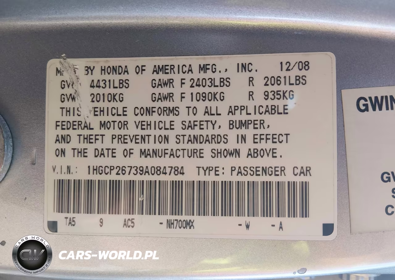 2009 Honda Accord 2.4 Ex VIN:1HGCP26739A084784 - 9