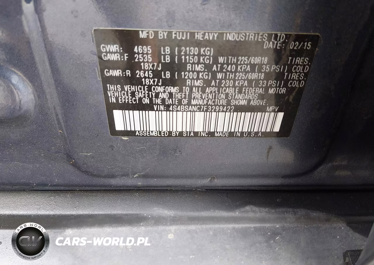 2015 Subaru Outback 2.5I Limited VIN:4S4BSANC7F3299422 - 9