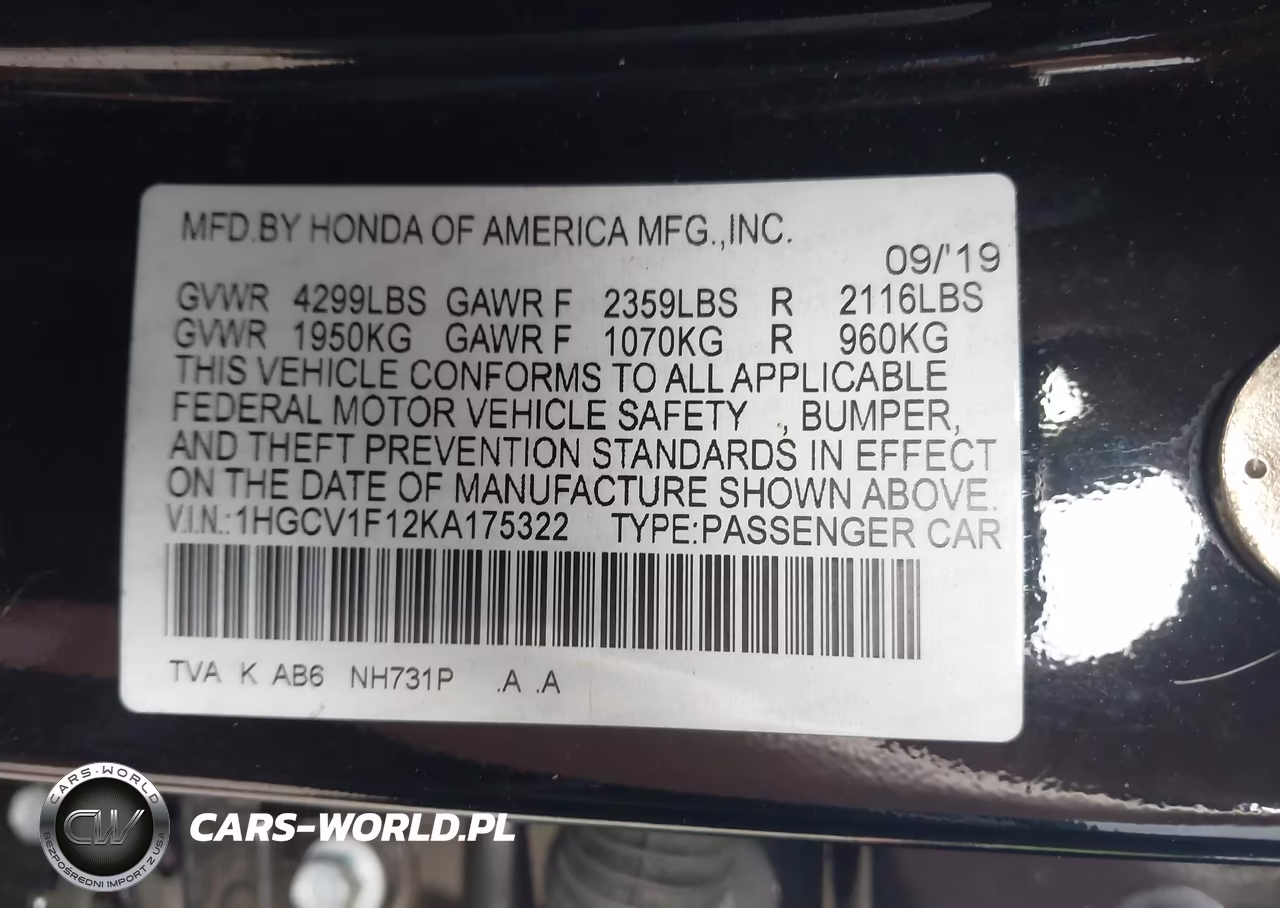 2019 Honda Accord Lx VIN:1HGCV1F12KA175322 - 9