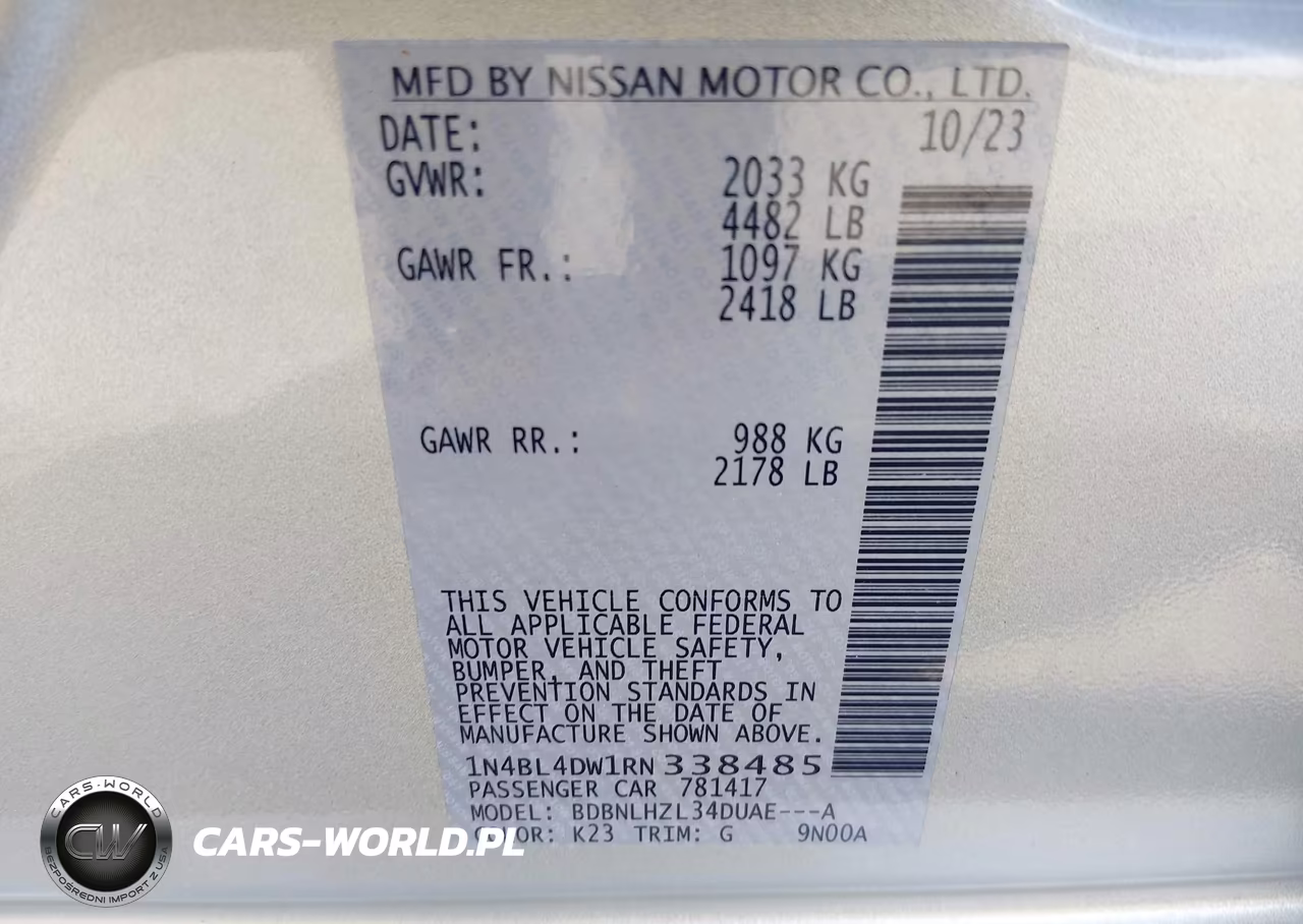 2024 Nissan Altima Sv Intelligent Awd VIN:1N4BL4DW1RN338485 - 9