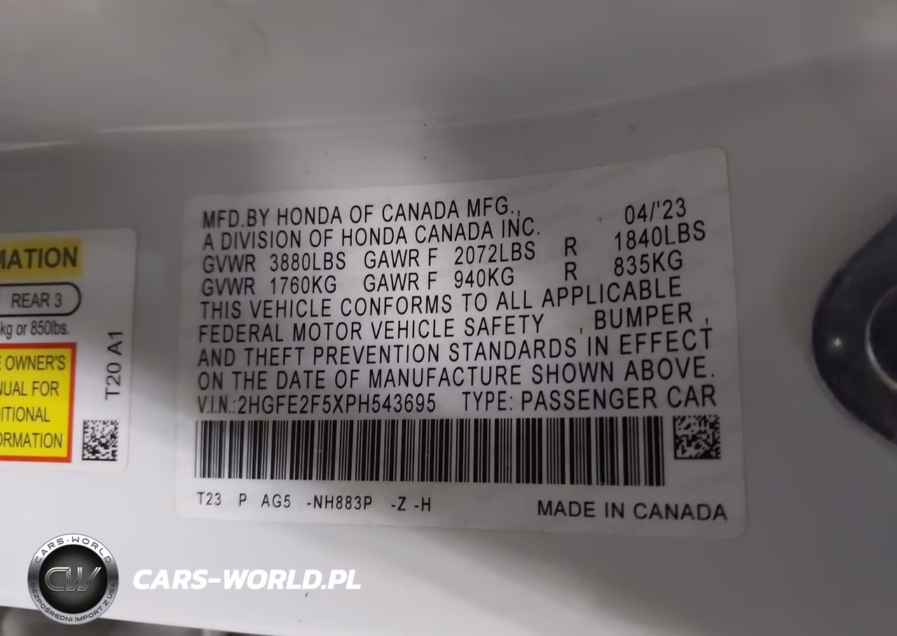 2023 Honda Civic Sport VIN:2HGFE2F5XPH543695 - 9