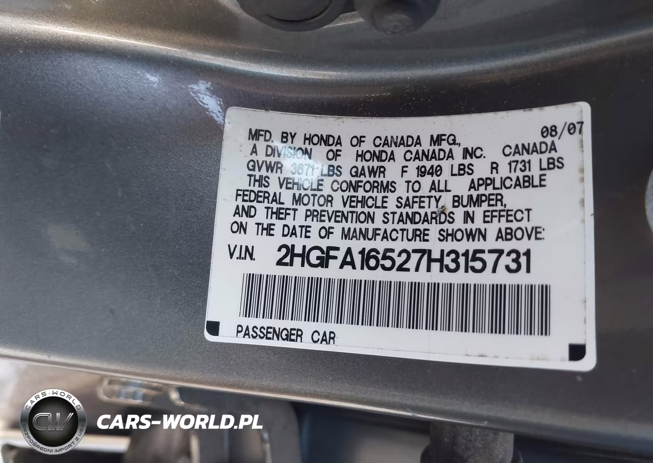2007 Honda Civic Lx VIN:2HGFA16527H315731 - 9