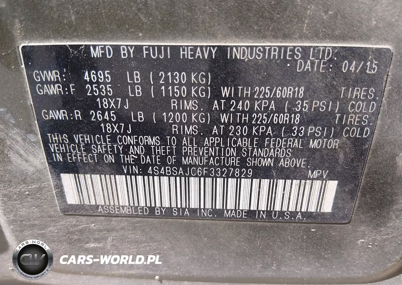 2015 Subaru Outback 2.5I Limited VIN:4S4BSAJC6F3327829 - 9