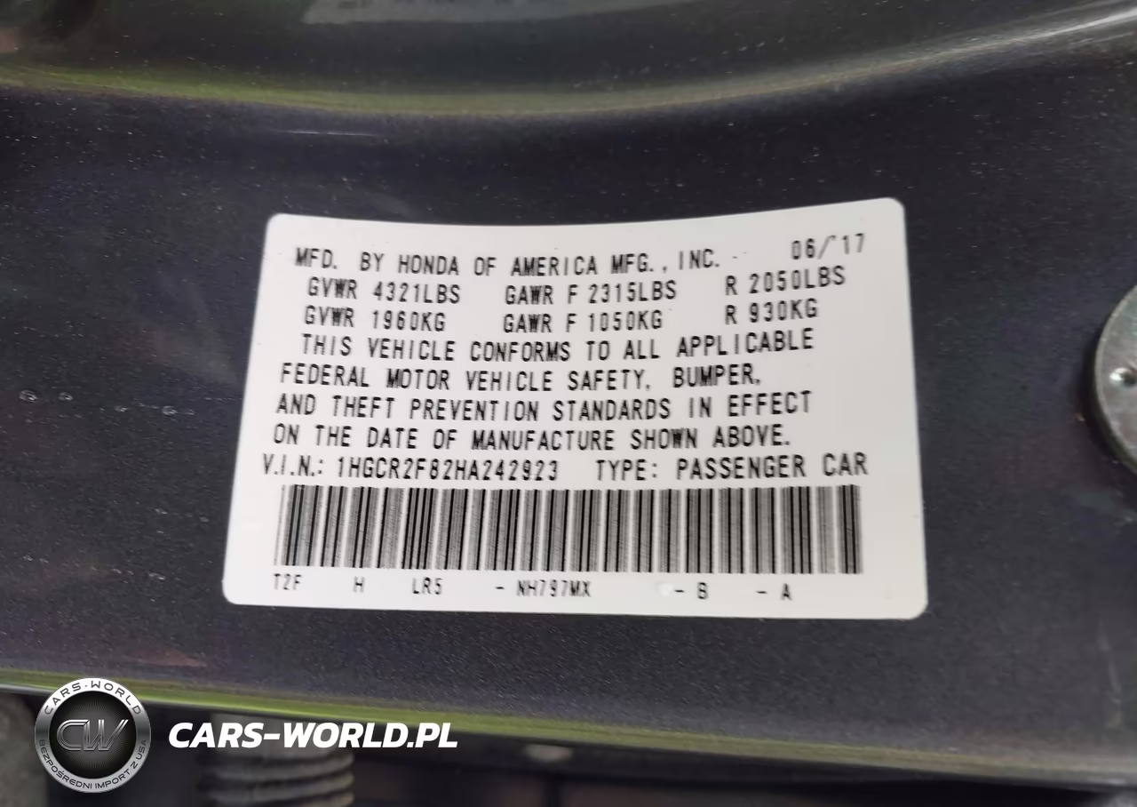 2017 Honda Accord Ex-L VIN:1HGCR2F82HA242923 - 9