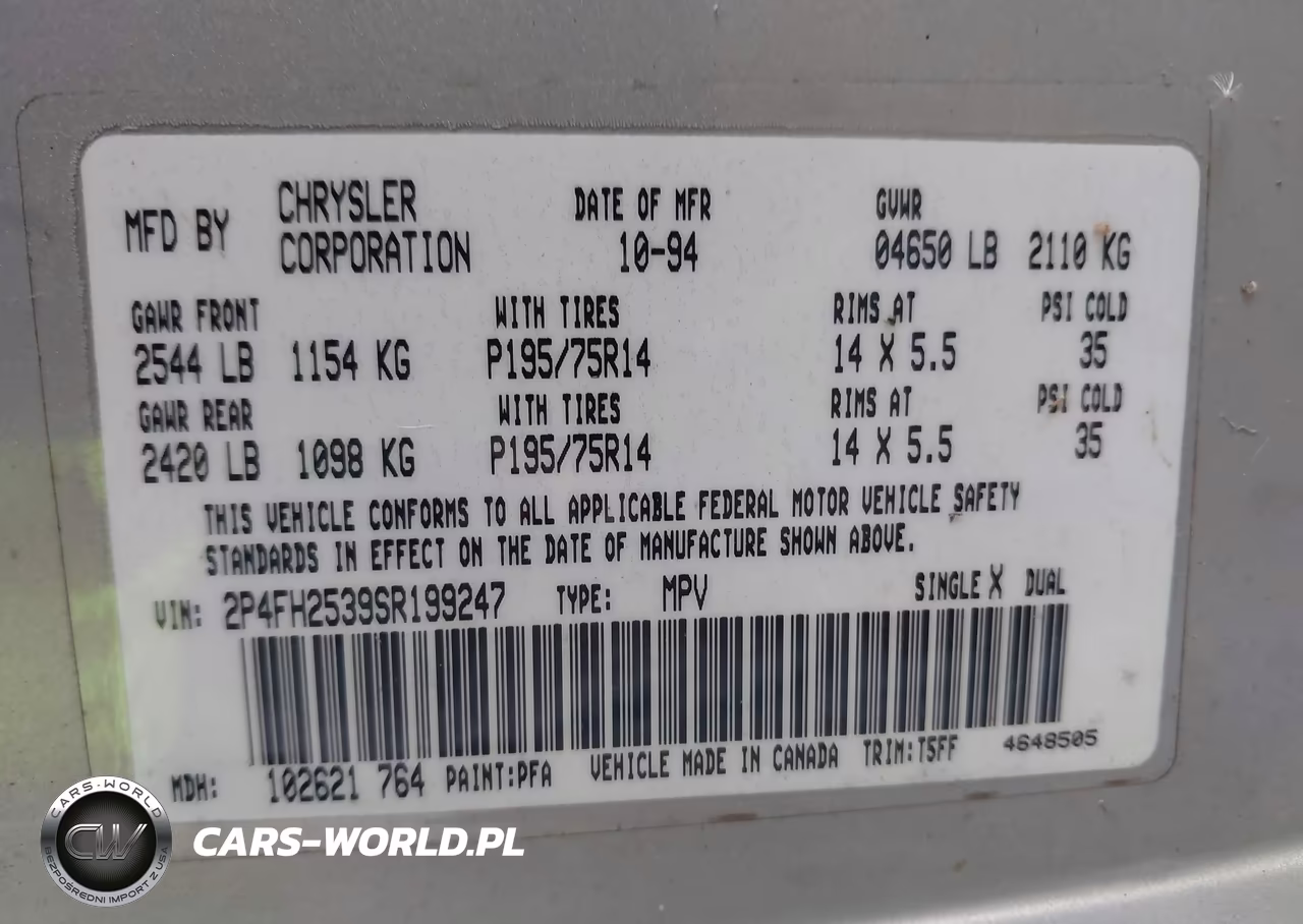 1995 Plymouth Voyager VIN:2P4FH2539SR199247 - 9