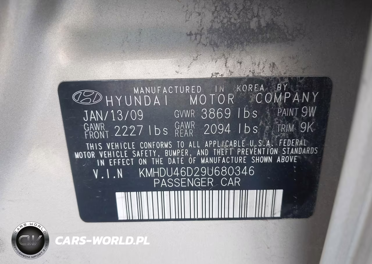 2009 Hyundai Elantra Gls VIN:KMHDU46D29U680346 - 9