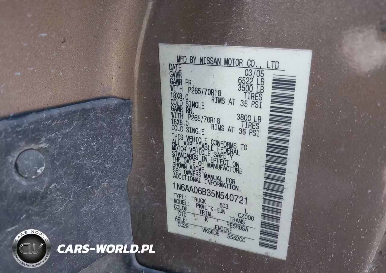 2005 Nissan Titan Se VIN:1N6AA06B35N540721 - 9