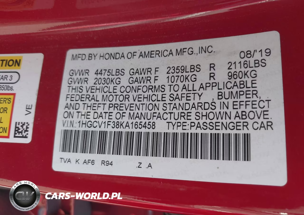 2019 Honda Accord Sport VIN:1HGCV1F38KA165458 - 9