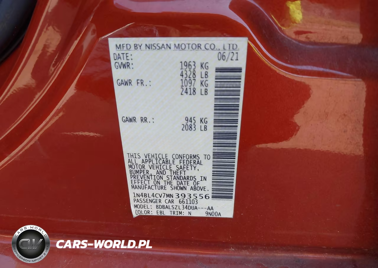 2021 Nissan Altima Sr Fwd VIN:1N4BL4CV7MN393556 - 9
