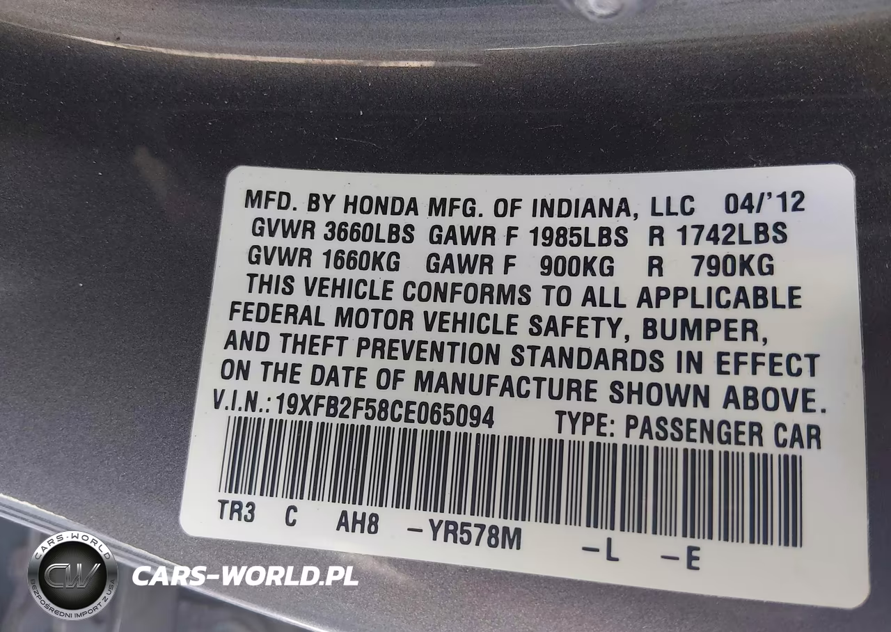 2012 Honda Civic Lx VIN:19XFB2F58CE065094 - 9