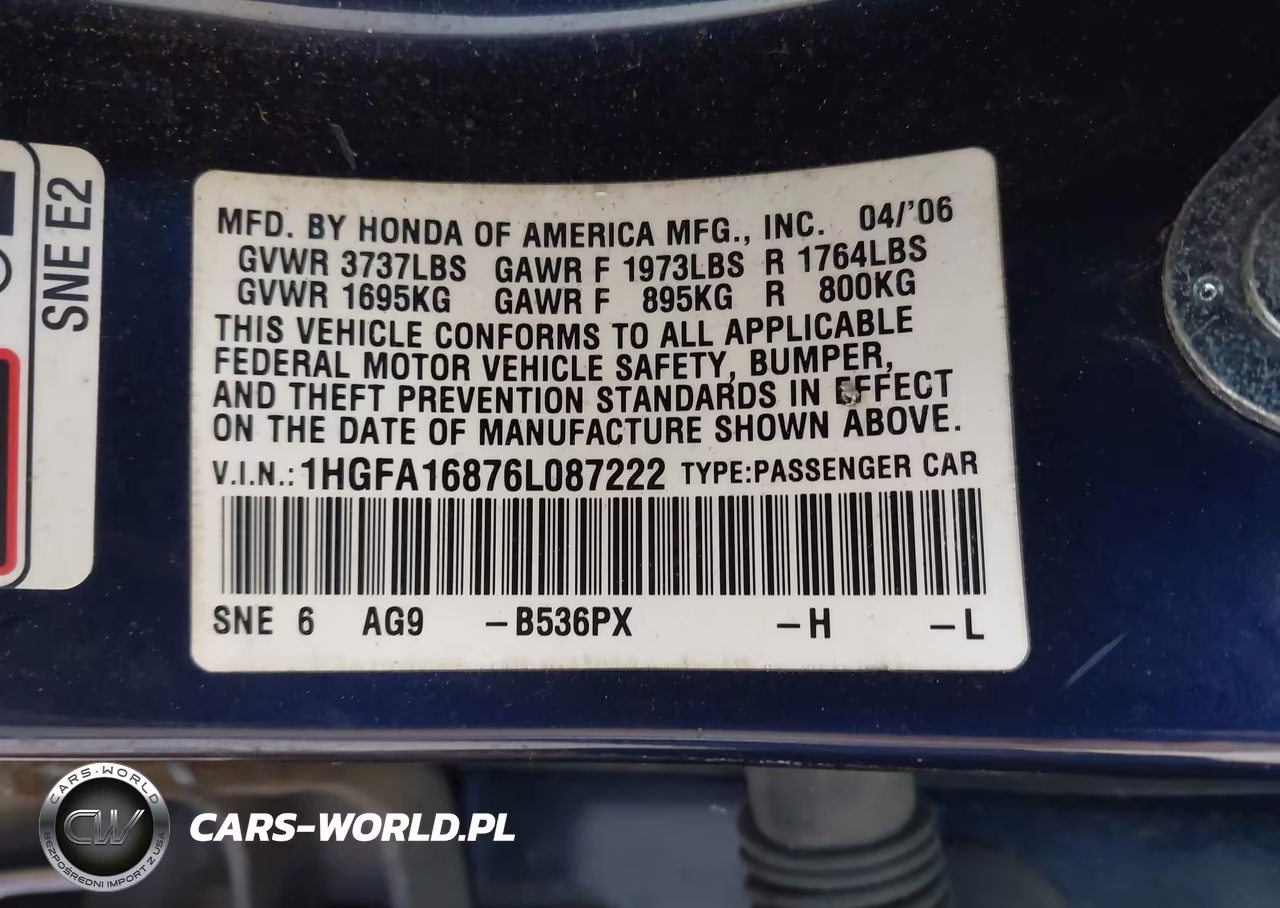 2006 Honda Civic Ex VIN:1HGFA16876L087222 - 9