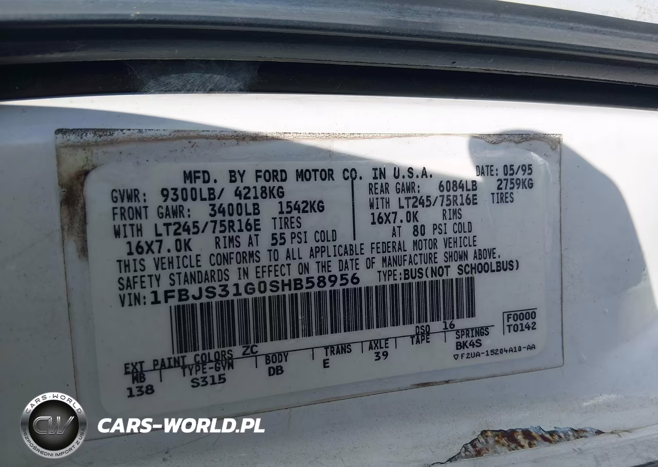 1995 Ford Econoline E350 Super Duty VIN:1FBJS31G0SHB58956 - 9