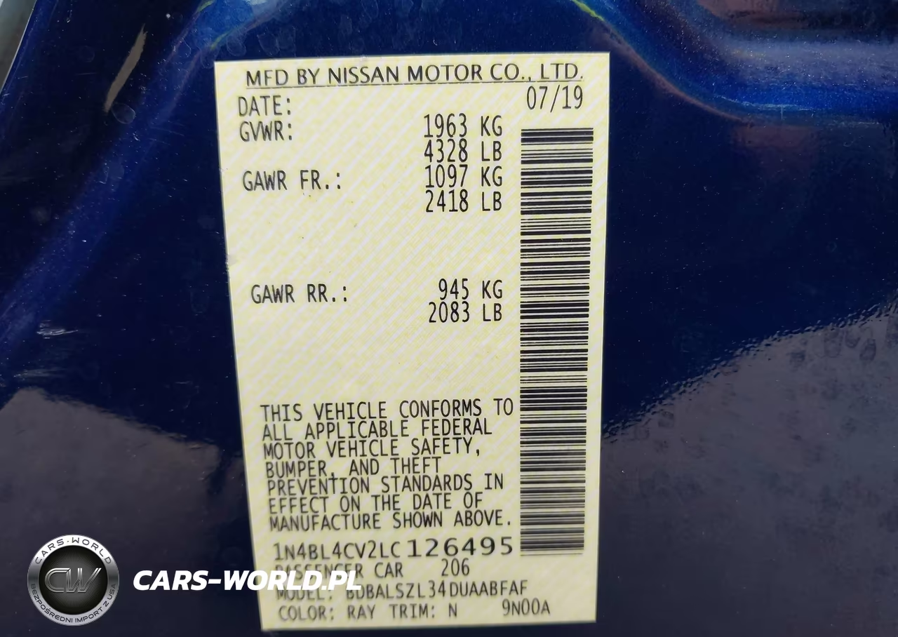 2020 Nissan Altima Sr Fwd VIN:1N4BL4CV2LC126495 - 9