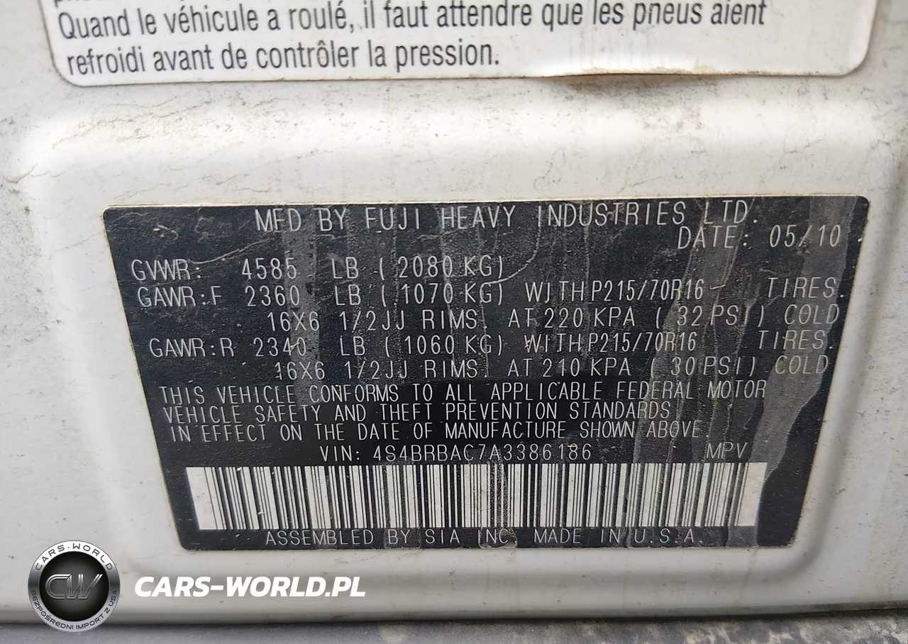 2010 Subaru Outback 2.5I VIN:4S4BRBAC7A3386186 - 9