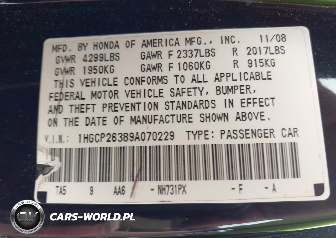 2009 Honda Accord 2.4 Lx VIN:1HGCP26389A070229 - 9