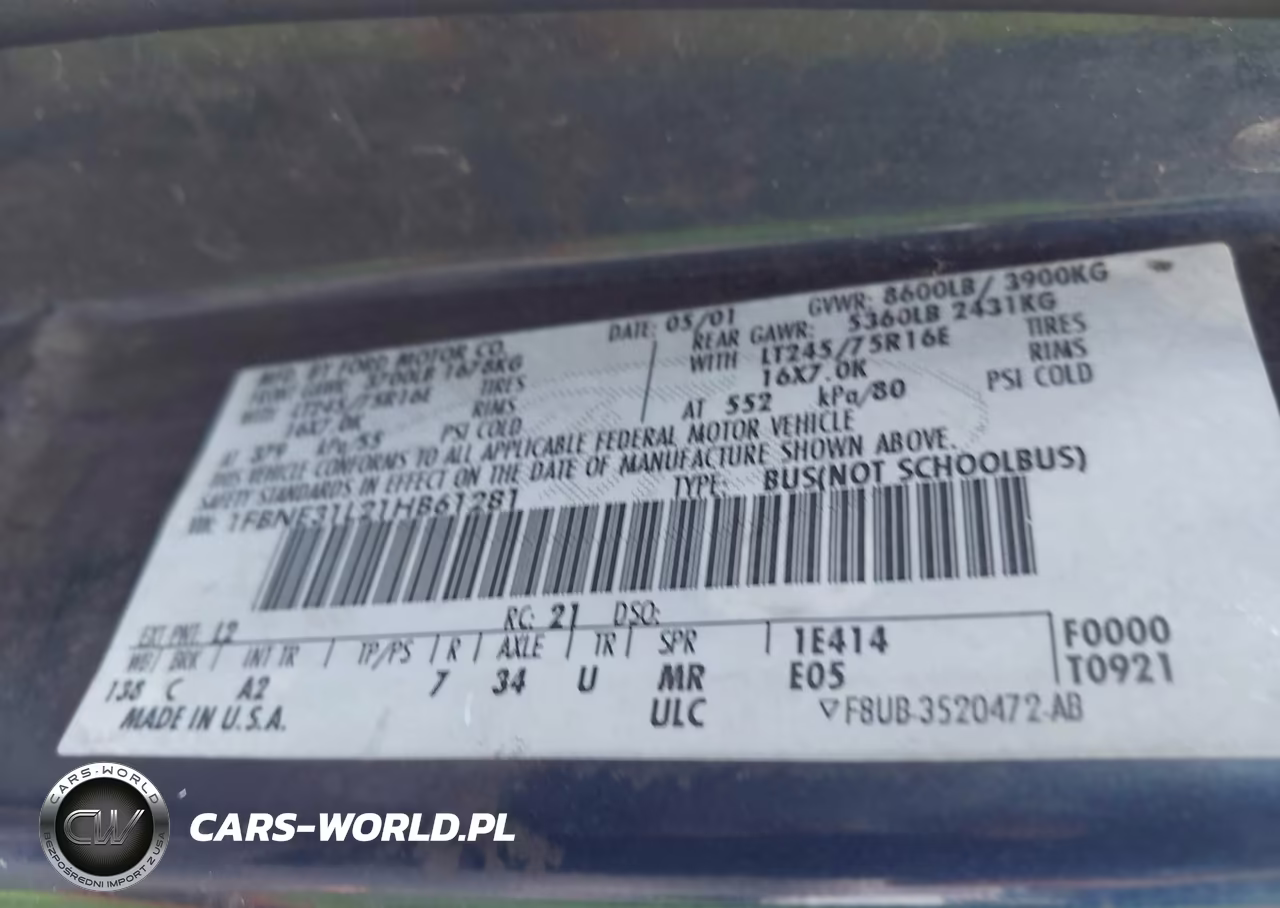 2001 Ford E-350 Super Duty Xl-Xlt VIN:1FBNE31L21HB61281 - 9
