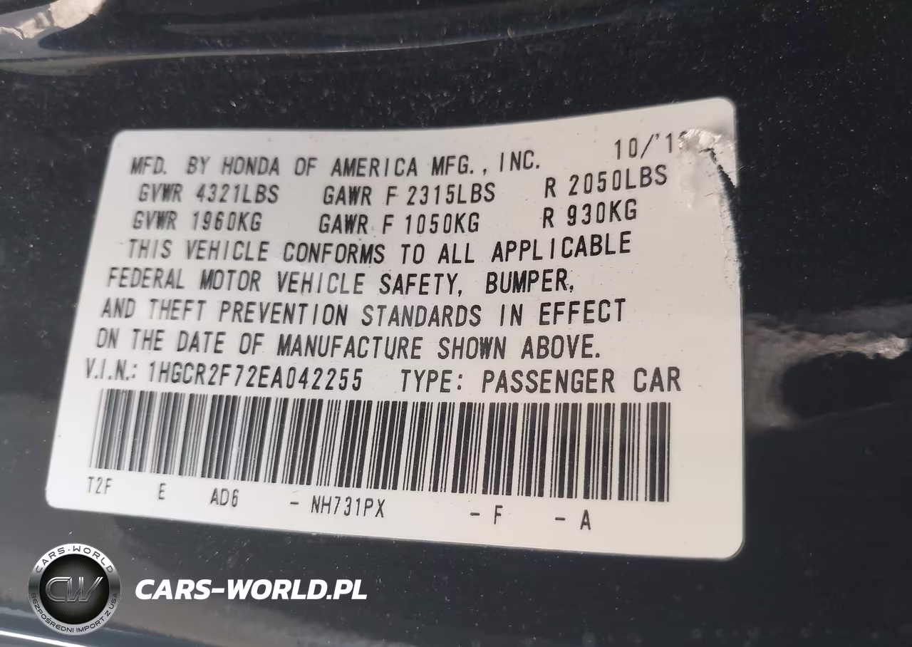 2014 Honda Accord Ex VIN:1HGCR2F72EA042255 - 9