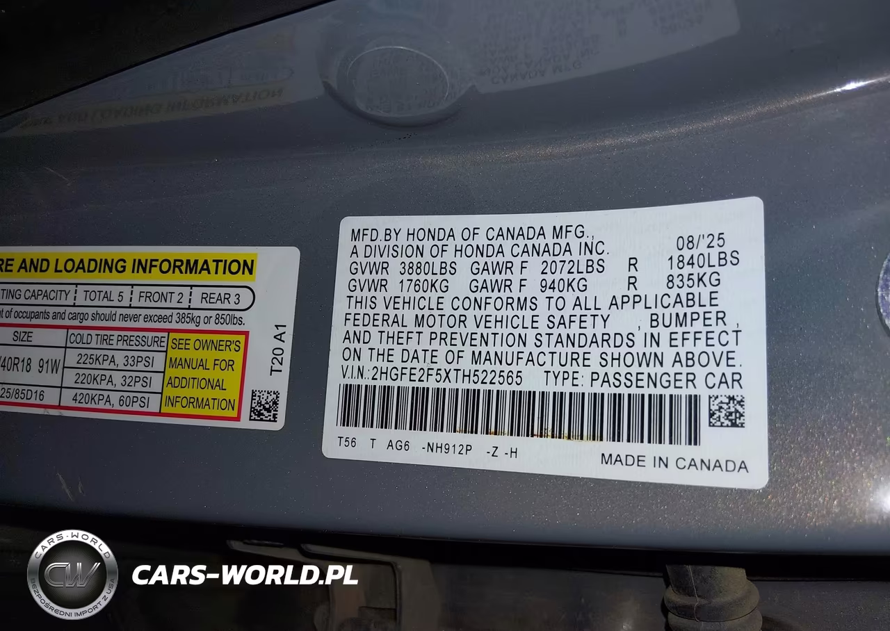 2026 Honda Civic Sport VIN:2HGFE2F5XTH522565 - 9