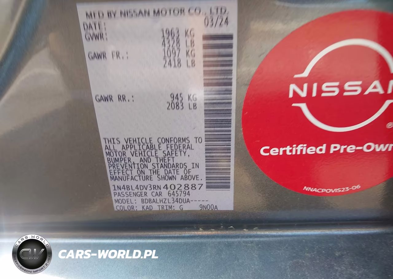 2024 Nissan Altima Sv Fwd VIN:1N4BL4DV3RN402887 - 9