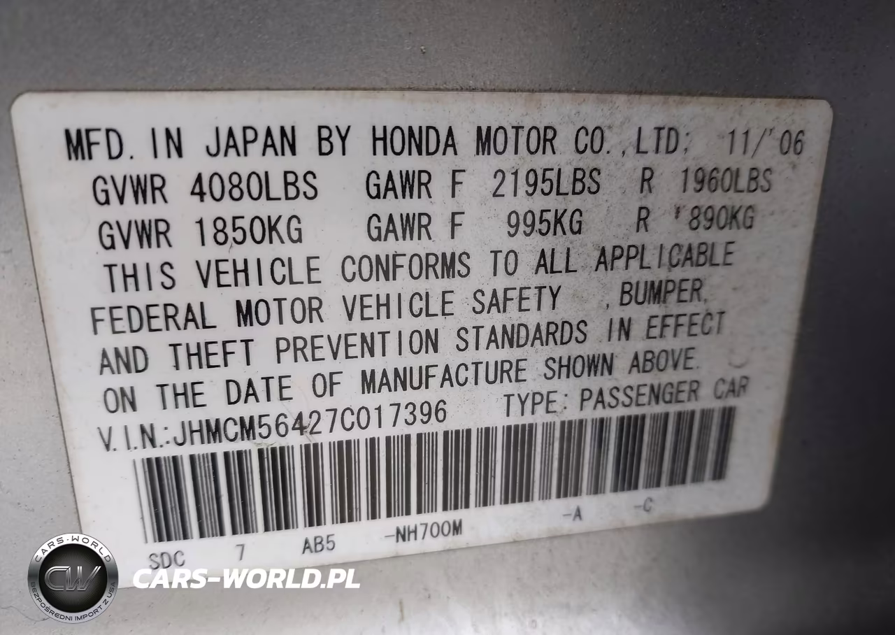 2007 Honda Accord 2.4 Lx VIN:JHMCM56427C017396 - 9