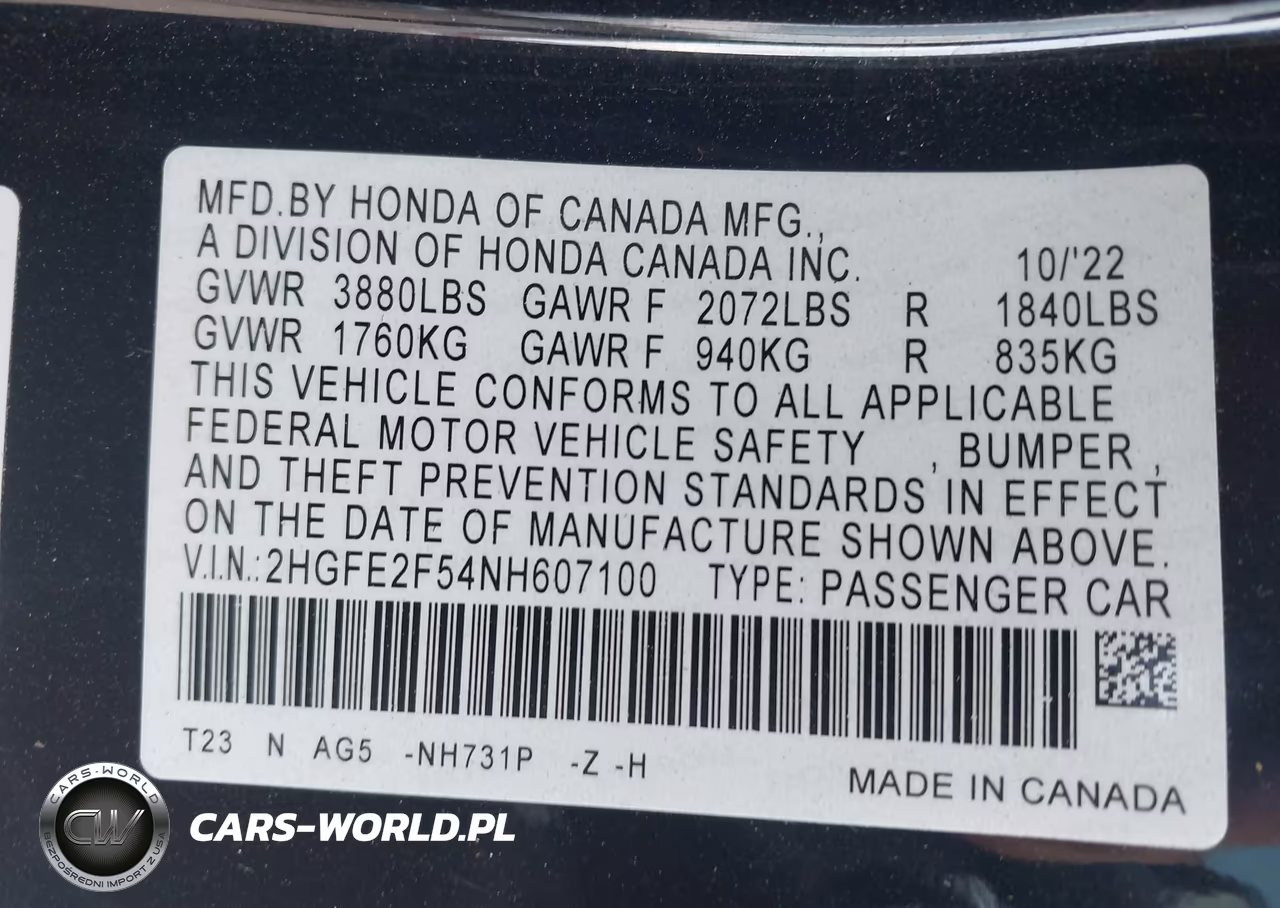 2022 Honda Civic Sport VIN:2HGFE2F54NH607100 - 9