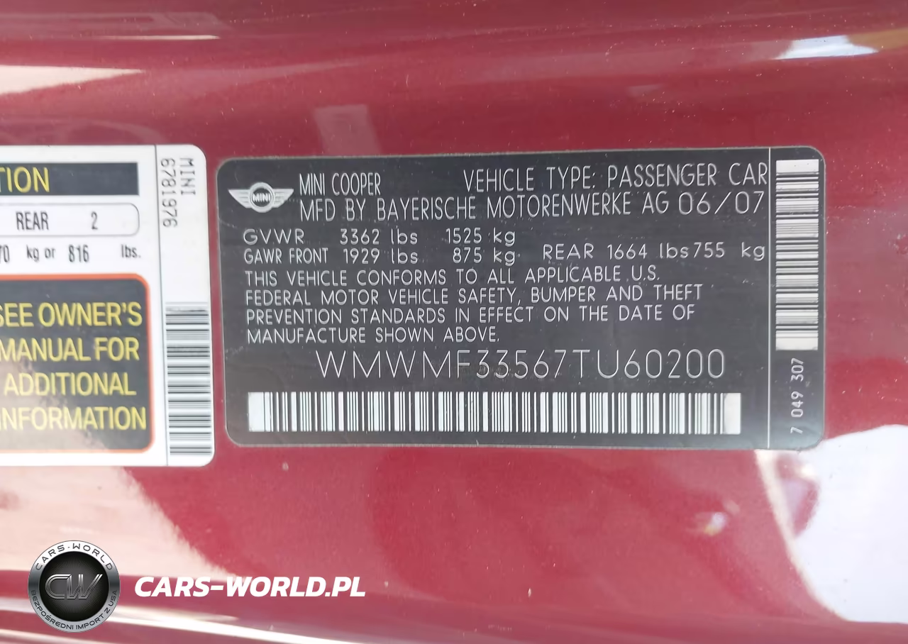 2007 Mini Cooper VIN:WMWMF33567TU60200 - 9