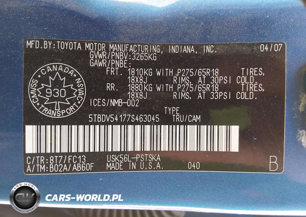 2007 Toyota Tundra Sr5 5.7L V8 VIN:5TBDV54177S463045 - 9