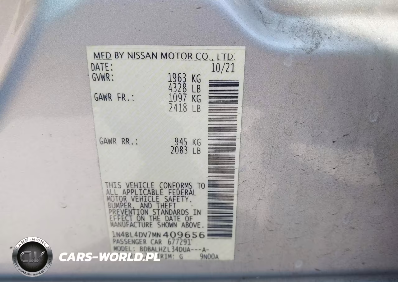 2021 Nissan Altima Sv Fwd VIN:1N4BL4DV7MN409656 - 9