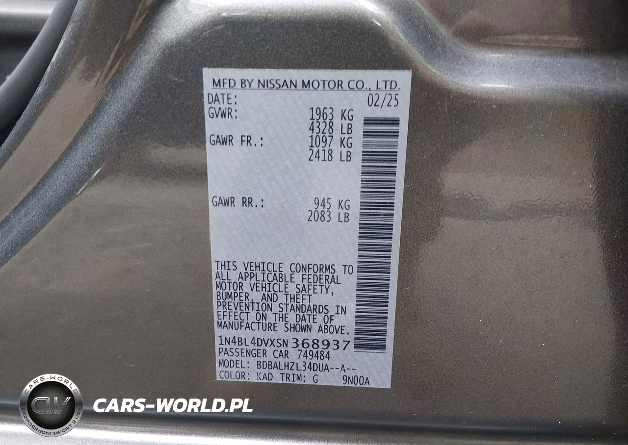 2025 Nissan Altima Sv Fwd VIN:1N4BL4DVXSN368937 - 9