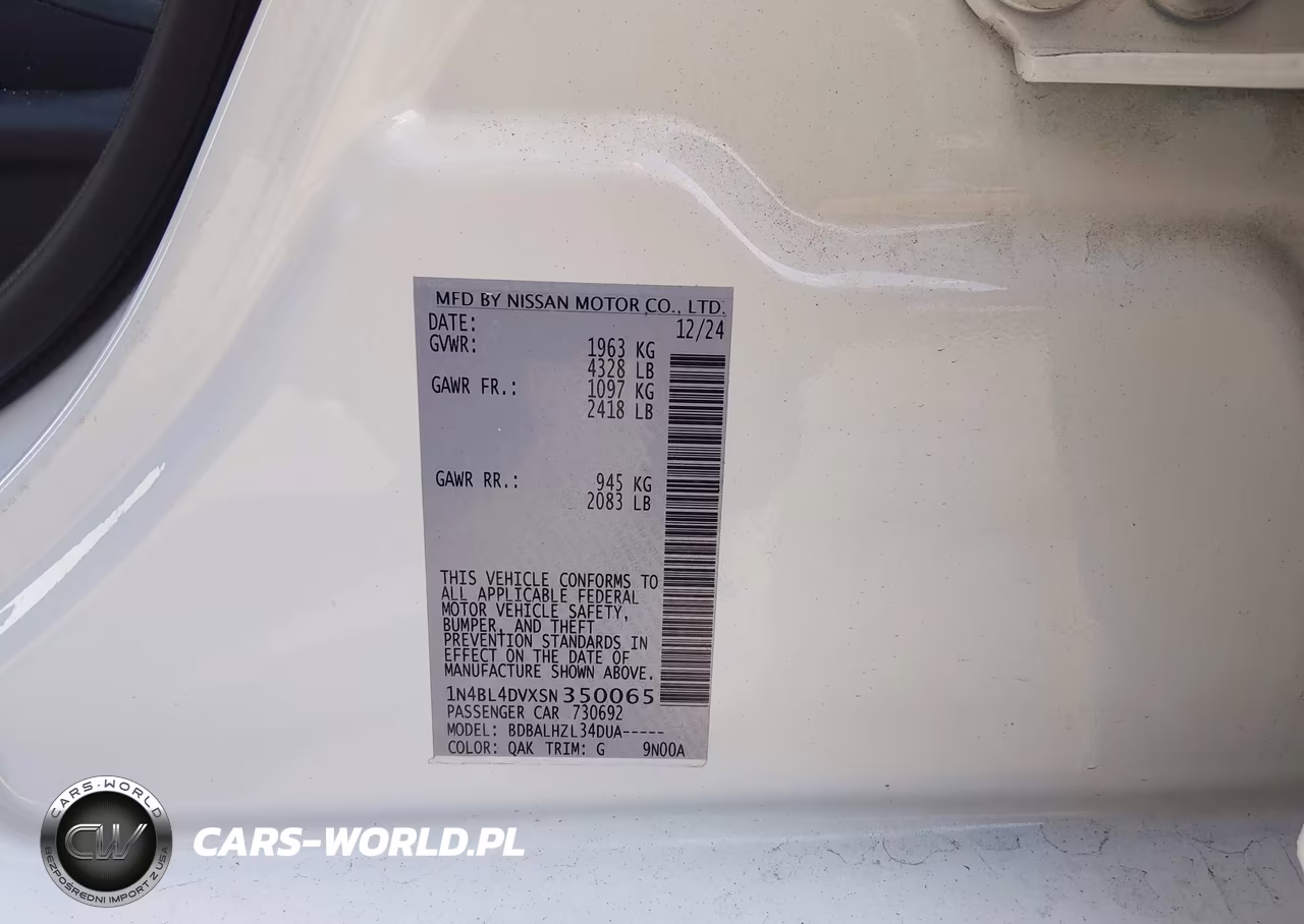 2025 Nissan Altima Sv Fwd VIN:1N4BL4DVXSN350065 - 9